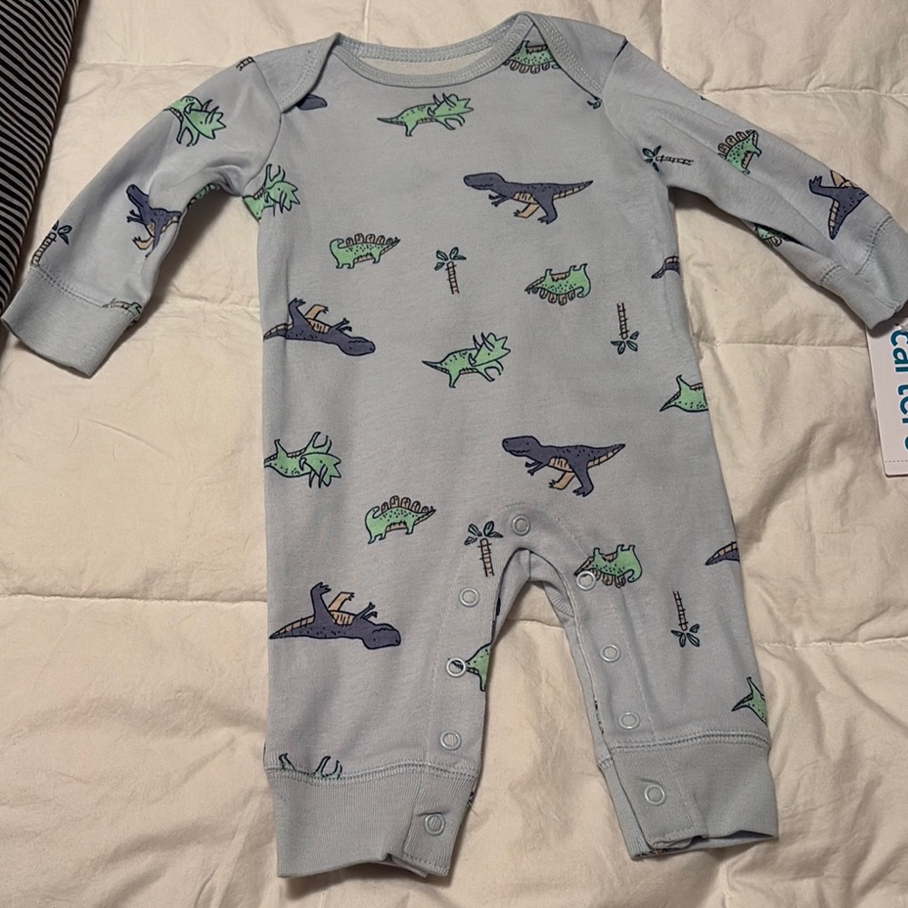 Carter's Blue Dinosaur and Striped Baby One Piece Set - Picture 2 of 11